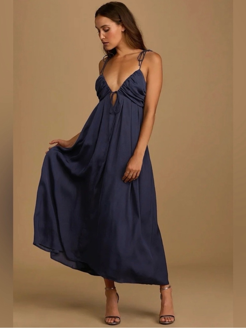 Lulu's Navy Satin Tie-Front Maxi Dress
